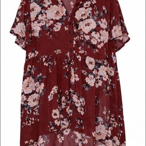 Torrid Burgundy Floral Button-Front Sheer Tunic Blouse